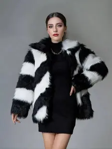 Women's Colorblock Faux Fur Jacket without Bottom, Street Fashion Long Sleeve Faux Fur Coat Outerwear for Daily Outdoor Wear, Women Clothing for Fall & Winter