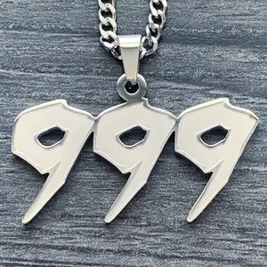 WRLD Triple 999 Necklace 1.25" Etched & Polished Juice Pendant in Solid 316L Surgical Stainless Steel Laser Carved Satin Finish Mirror Quality Shiny Reflective Surface Choice of Chain Free Gift Included