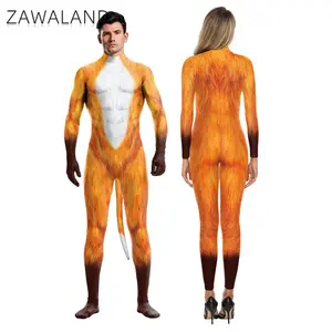 Zawaland Carnival Party Jumpsuit Whole Costumes 3D Fox Printed Catsuit with Tail Zentai Cosplay Costume Fitness Spandex Outfit