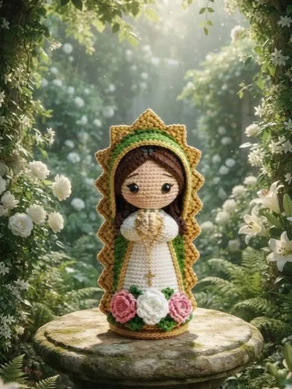 Handmade Crochet Our Lady of Guadalupe Doll, Cute Virgen de Guadalupe Amigurumi, Blessed Mother Religious Statue Figure, Catholic Decor Gift
