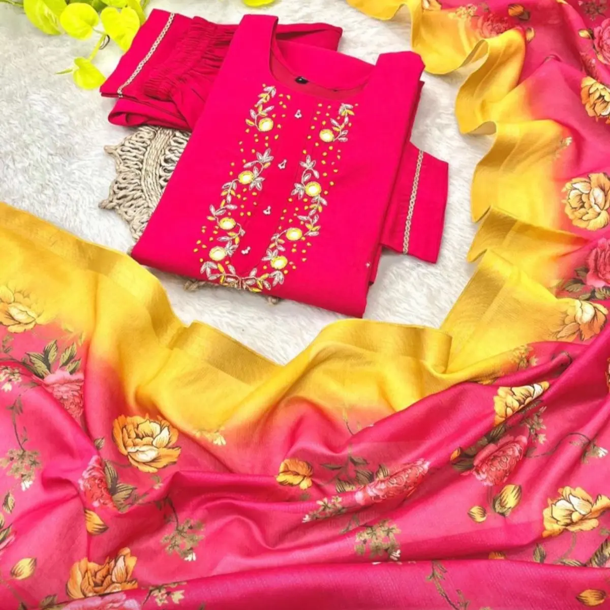 Beautiful Hot pink kurtha suruwal set with shawl