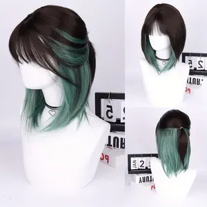 Dark Black Green Mixed 16-Inch Short Bob Straight Wig with Bangs, High-Density Synthetic Hair, Rose Net Cap for Halloween, Christmas, Cosplay & Parties