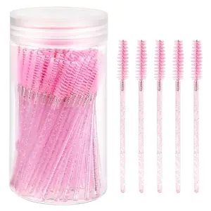 100PCS Disposable Crystal Mascara Wand Eyelash Brush Applicator with Reusable Storage Container for Travel and Cleaning Use