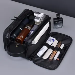 Toiletry Bag w/Handles for Men, Hygiene Organizer, Travel Dopp Kit, Mens Toiletries Organizer Case, Bathroom, Shaving, Cosmetic Storage, Travel Essentials, PU Leather Water Resistant Cosmetic Bag Pouch