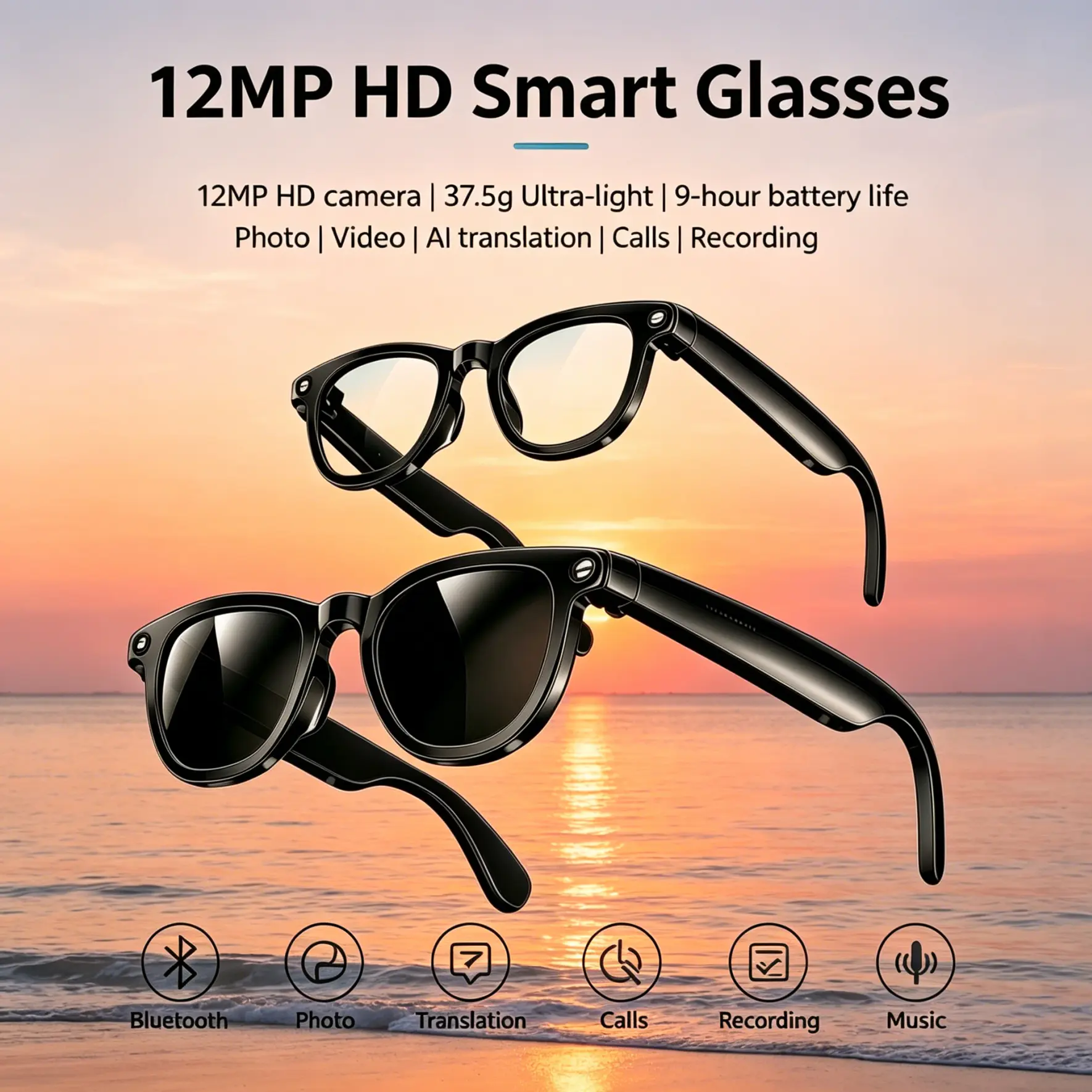 Smart Glasses with 12MP HD Camera, AI Translation, Video Recording, Calling, and Photography