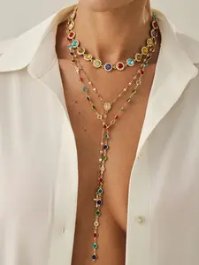 3-Piece Spring Summer Multilayer Pendant Necklace, Unique Luxury Y-Shaped Tassel Choker, Artificial Crystal Chain, All Seasons Street Style, Statement Necklace, Layered Necklaces