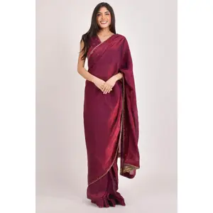Wine Pre Draped Saree - Hand Embroidered Mirror Work Ready to Wear Saree