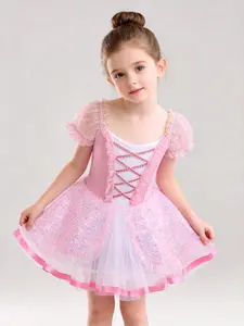 Girls’ Pink Puff-Sleeve Ballet Tutu Dress with Sequins and Mesh