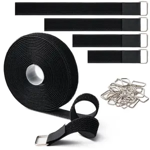 1"x16ft Hook and Loop Straps with 25 Metal Buckles, Adjustable Fastening Cable Straps, Cut-to-Length Cinch Strap, Reusable Nylon Securing Cord Ties for Organizer or Storage, 1 inch Wide, Black