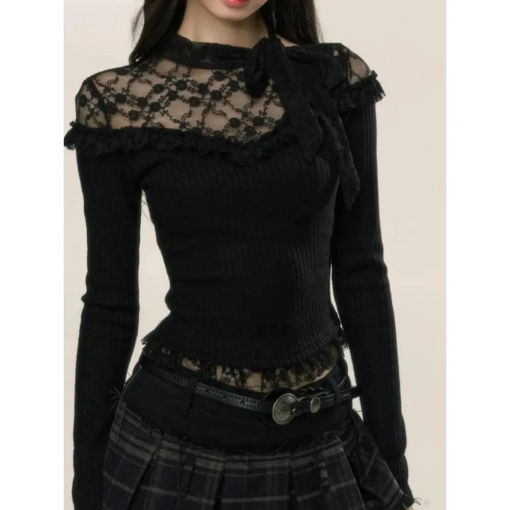 Women's 2025 Korean Aesthetic Long Sleeve Cropped Knit Pullover - Pull On, Patchwork Lace, Hollow Out, Fishnet Layering, Harajuku Core, Bold Goth Punk Skeleton Print Tunic, Alt-Fashion Knitwear