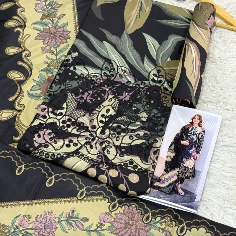 Unstitched Panjabi Suits, salwar kameez, lenin embroidered cut work daman suits