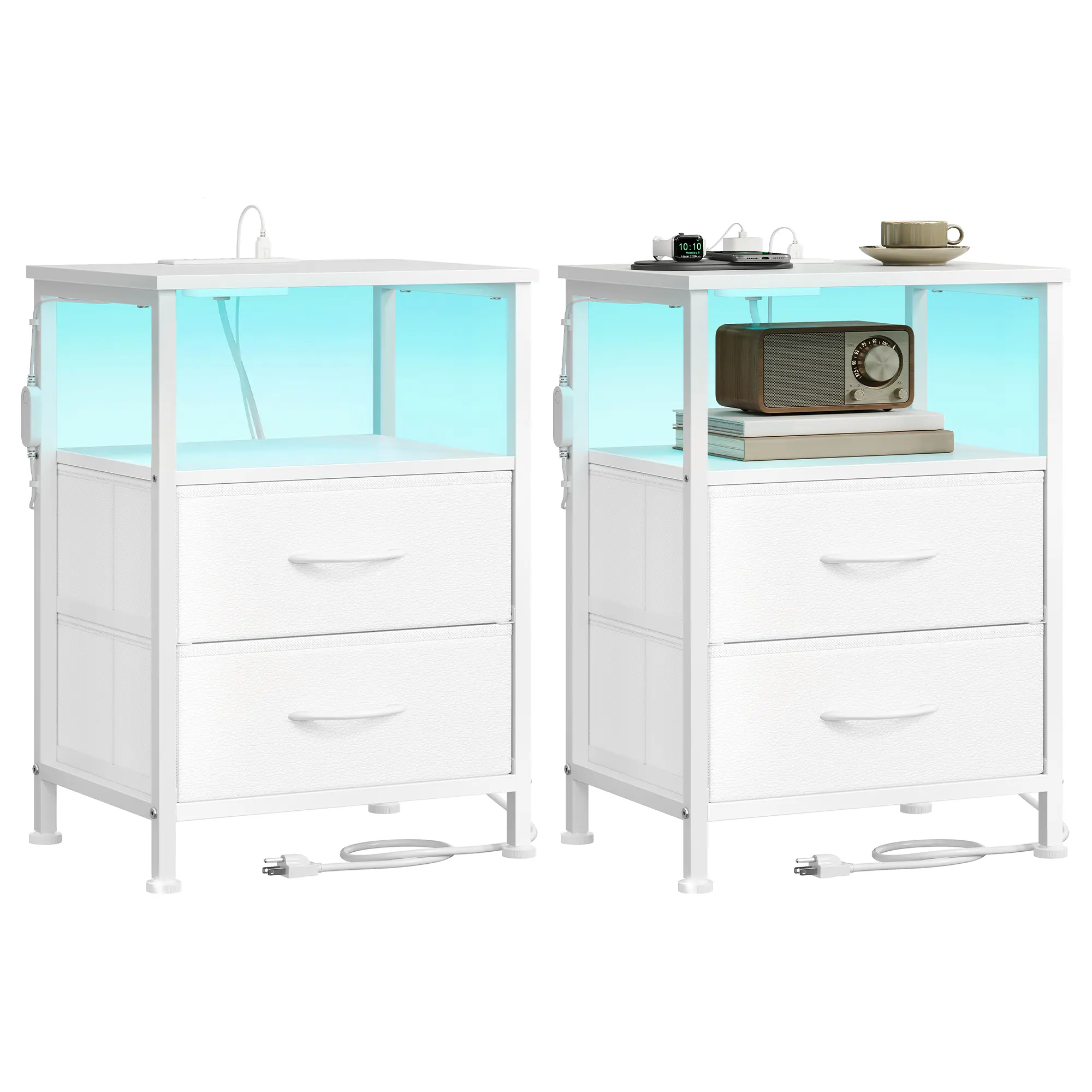SONGMICS Set of 2 Led Nightstand Sets with Charging Station, Fabric Drawers, App-Controlled Adjustable Led Lights, Modern Bedside Tables, Indoor Side Tables