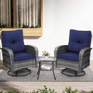 【Crazy Price】3-Piece Outdoor Patio Swivel Rocking Chair Set – All-Weather Wicker Furniture with Tempered Glass Table, Deck, Poolside – Comfortable Swivel Gliders