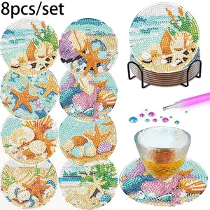 8-Piece DIY Diamond Painting Coasters, Starfish Shell Design, Heat-Resistant and Non-Slip, Includes Stand, Perfect Handmade Gift
