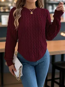 Women's Textured Curved Hem Cable Knit Sweater, Casual Long Sleeve Round Neck Jumper for Fall & Winter, Fashion Ladies' Knitwear for Daily Wear Can be used with raincoatGift