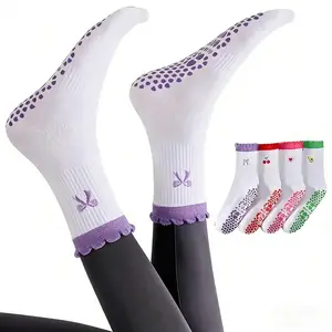 Cute Pilates Grip Socks for Women Ruffle Frilly Yoga Socks Non Slip Cotton Crew Grippy Sock for Barre Workout Ideal for Yoga Barre and Pilates Sessions