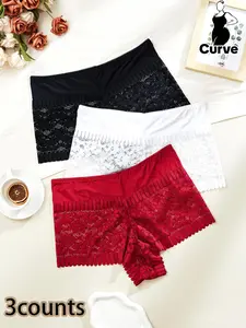 [Plus Size] Solid Contrast Lace Knicker, Floral Jacquard Panty, Women's Soft Comfy Feminine Breathable Stretchable Nylon Underwear for Fall Casual Everyday Wear, Women's Plus Size Clothing, Back To School Gifts, Fitted Undergarment for Women, Womenswear