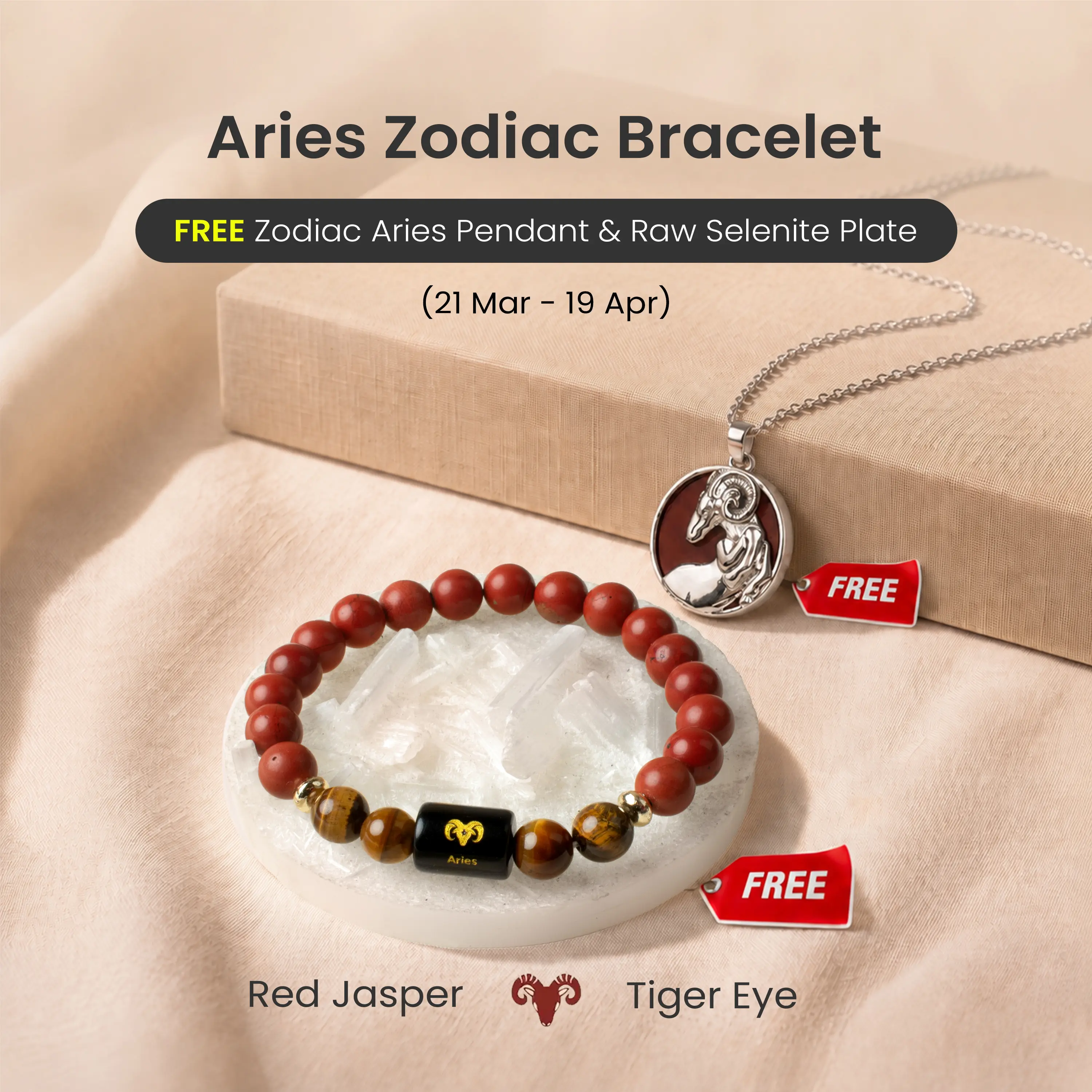 Astrotalk Red Jasper & Tiger Eye Aries Zodiac Bracelet for boost courage, energy & grounded focus | FREE Aries Pendant & Raw Selenite Plate for Crystal Charging | Daily Wear Jewellery | Certified Authentic | Perfect Gift for Aries
