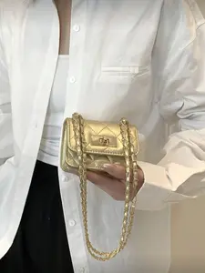 New Mini Square Bag for Women, Diamond Pattern Stitched Handbag, Shoulder Bag with Woven Chain Strap, Cute Crossbody Bag, Accessory Bag, Flap Crossbody Purse, Fashionable Bling Bag, Quilted Crossbody Bag