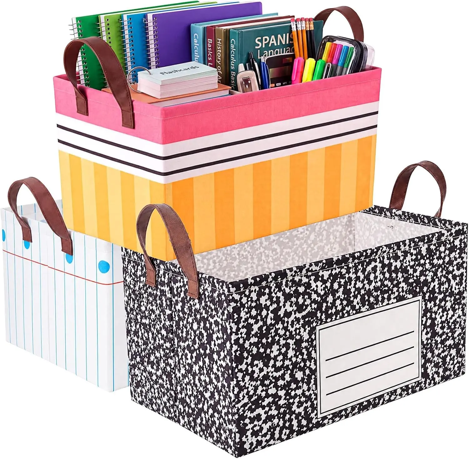3-Pack Waterproof Canvas Storage Baskets with Leather Handles, Collapsible Cube Organizer Bins for Shelf, Kitchen, Classroom, Containers for Toys, Clothes & Room Decor Gift Use
