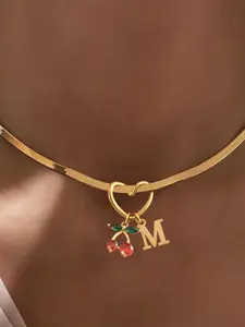 Women's Crystal Cherry Initial Heart Pendant Necklace, Vintage Classic Stainless Steel Herringbone Chain Jewelry