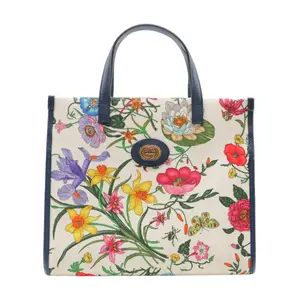 Pre-owned GUCCI Canvas Tote Bags Flora Medium Tote Bag With Blue Navy Leather Trim
