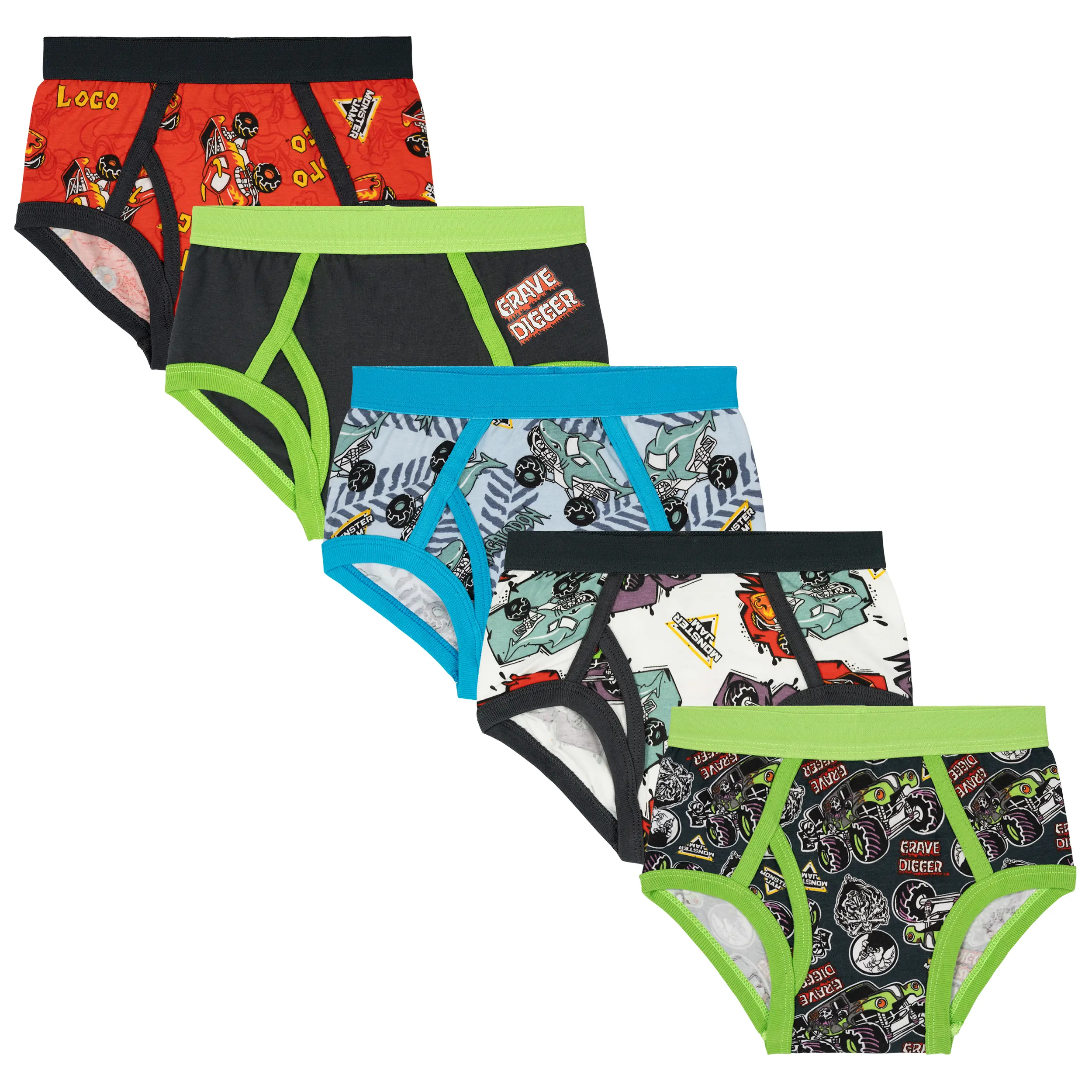 Monster Jam Boys' 5-Pack Anti-Chafing Elastic Waist Printed Casual Youth Underwear - Allover Print (Bold Race, Flames, Megalodon, Grave Digger Graphics), 2-Ply Front Pouch, 2T to 10 (3-4 Years Incl), Everyday Wear