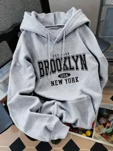 Women's Fashion Hoodie Est.1998 Brooklyn Usa New York Letter Print Kangaroo Pocket Long Sleeve Casual Fall Winter Wear