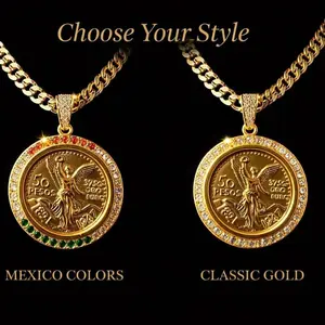 14K Gold Plated 50 Pesos 1.5"/38mm Pendant Centenario Upgraded Cuban Centenary Fashion Chain Unisex Jewelry