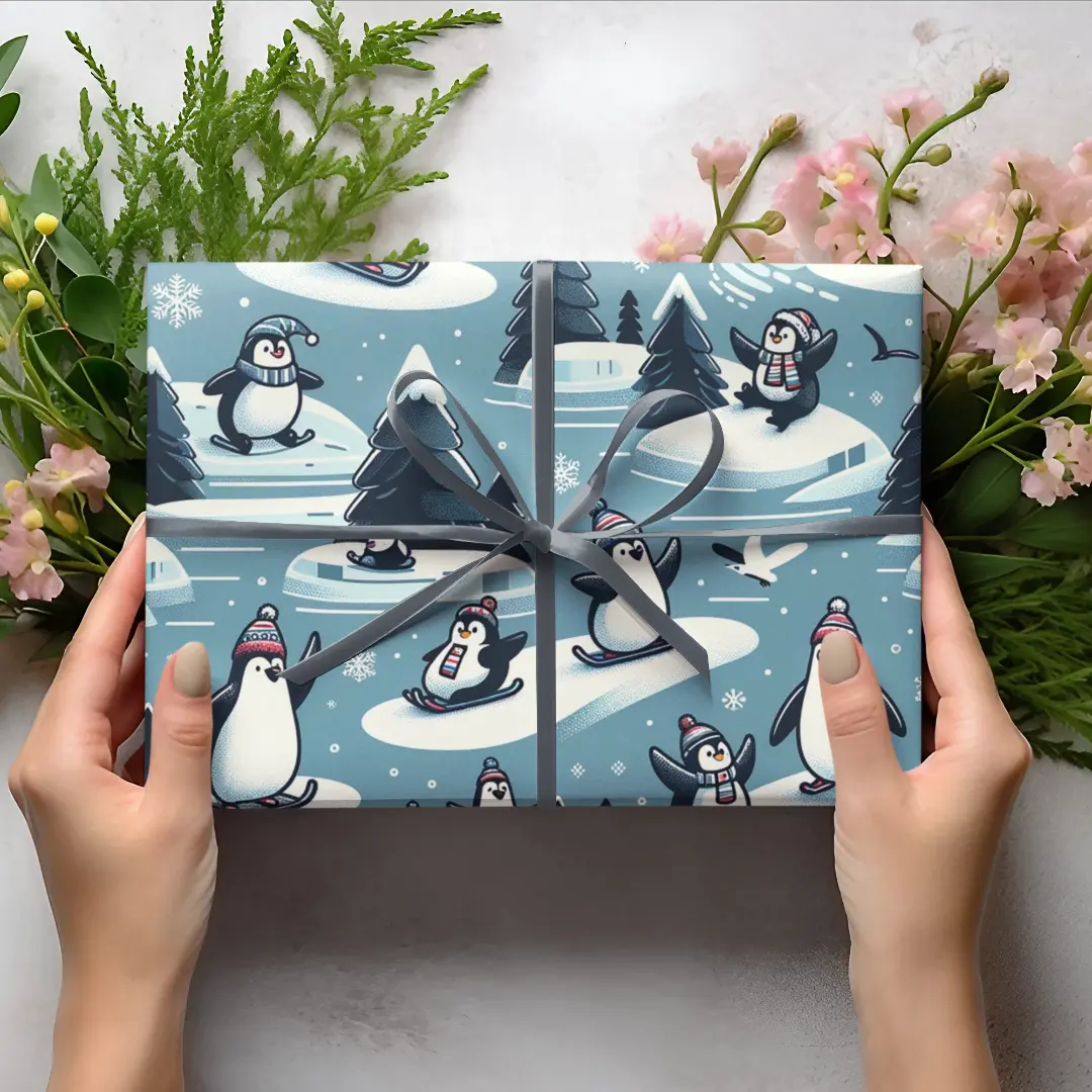 Penguin Ski & Snowboard Christmas Wrapping Paper, Holiday Gift Wrap, Sizes 30x36, 30x72, 30x180