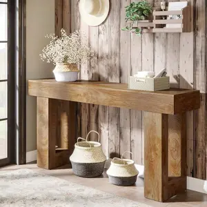 Farmhouse Console Table, 63-Inch Long Wooden Sofa Table Behind The Couch, Narrow Entryway Table For Entrance, Hallway, Living Room, Light Brown