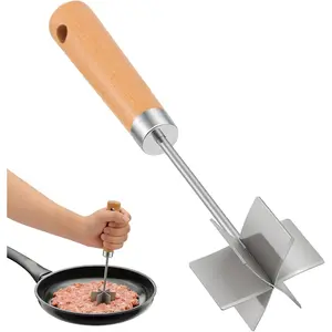 Chopper & Masher Tool, Stainless Steel Ground Beef Chopper with 6 Straight Blades, 11 Inch Meat Masher for Hamburger, Turkey & Sausage, Kitchen Chopping Tool