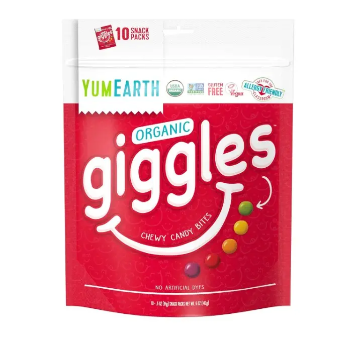 YumEarth Organic Giggles Chewy Candy - Allergy Friendly (Top 9 Free), No Artificial Dyes or Flavors, Non GMO, Gluten Free, Vegan - Individually Wrapped Fruity Snack Packs - 0.5 Ounce (Pack of 10)
