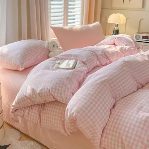 Gingham Duvet Cover Twin Size Pink White Plaid Checkered Comforter Cover 2 Washed Microfiber Grid Farmhouse with Pillow Shams