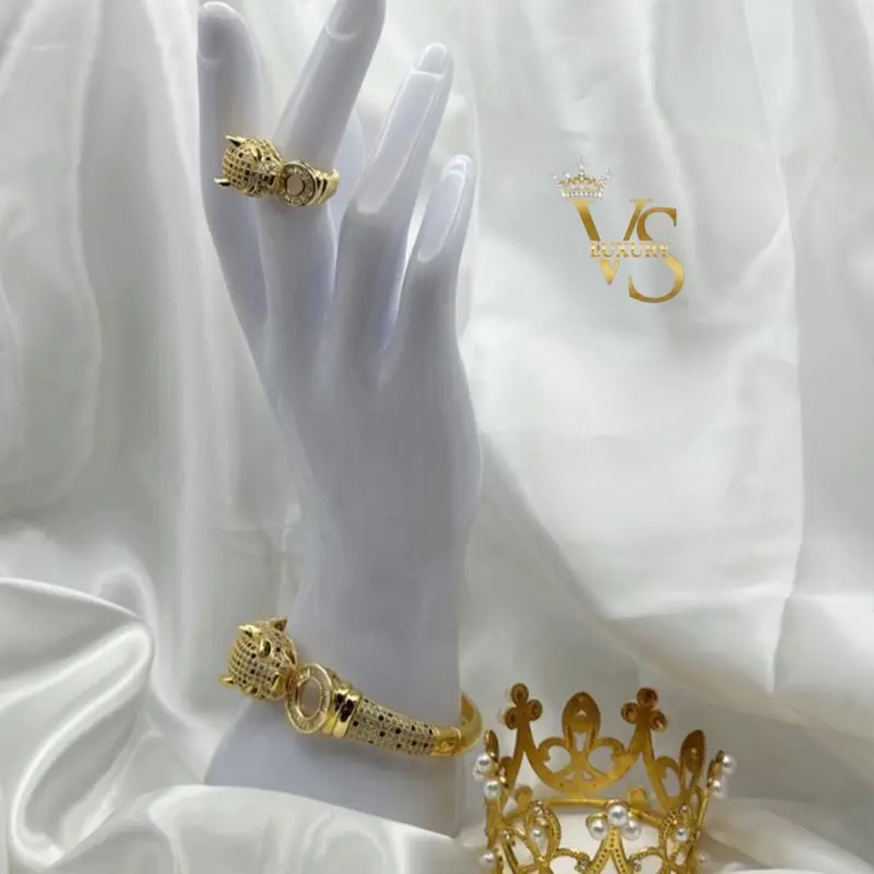 Valdes Luxury Gold Plated Panther Head Bangle Bracelet and Adjustable Ring Set