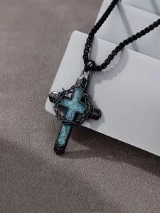 Men's Turquoise Cross Pendant Necklace, Thorny Wreath & Cross Design, Trendy Punk Retro Style, Perfect Christmas Gift