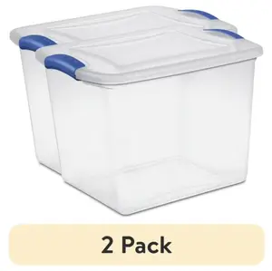 (2 pack) Small Storage Bin, 27 quart clear plastic storage container with latch lid, blue