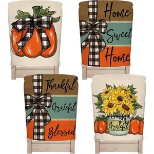 4 Pack Fall Chair Covers Thanksgiving Dining Room Seat Covers Pumpkins Flowers Pattern Dining Chair Slipcovers Thankful Grateful Chair Back Slip Covers for Autumn Home Kitchen Farmhouse Decor