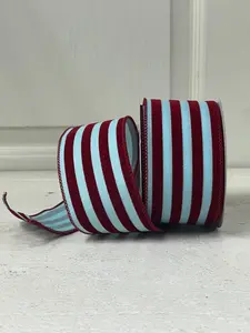 2.5 Inch By 10 Yard Blue And Red Flocked Glitter Striped Ribbon