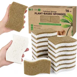 16 Pack  Kitchen Dish Sponges,  -Based Coconut Fiber and Compostable Cellulose Sponge, Non-Scratch Heavy Duty Scrub Sponges for Non-Stick Cookware, Kitchen Household Cleaning