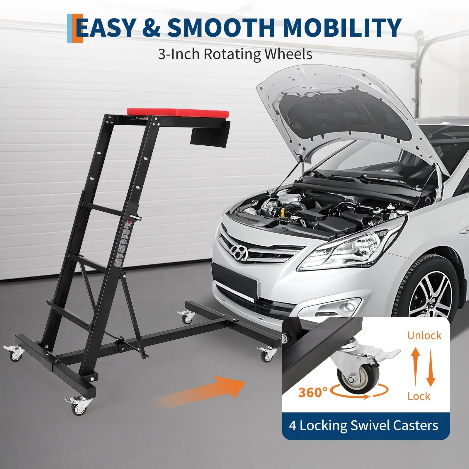 Professional Topside Automotive Engine Creeper – Heavy Duty 400 lb Capacity, Adjustable Height 45-66", Padded Deck, 4 Locking Swivel Casters, Tool Pouch – Rolling Mechanic Repair Stool for Garage, Workshop, Car & Truck Maintenance