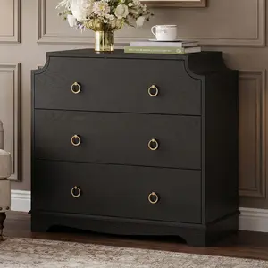 Sikaic Vintage Nightstand with Large Drawers & Anti-Tip Device, Bedside Table with Metal Knobs for Bedroom,  Black summergarden