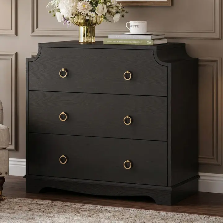 Sikaic Vintage Nightstand with Large Drawers & Anti-Tip Device, Bedside Table with Metal Knobs for Bedroom,  Black Summerwins
