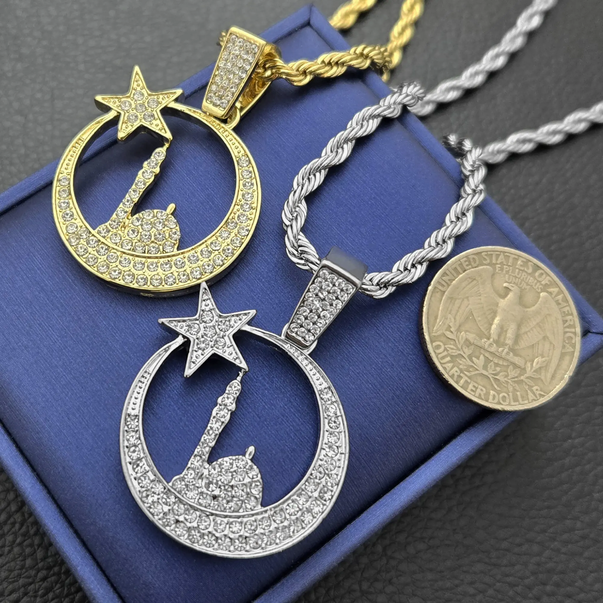 MaxBling81 Unisex Necklace, Hip Hop Gold-Plated Iced Cubic Zirconia Islamic Moon Pendant, Religious Amulet with 4mm Rope Chain, 18-24in, Exquisite Jewelry Gift, Gold Plated Amulet, Chain & Link, Moon Amulet