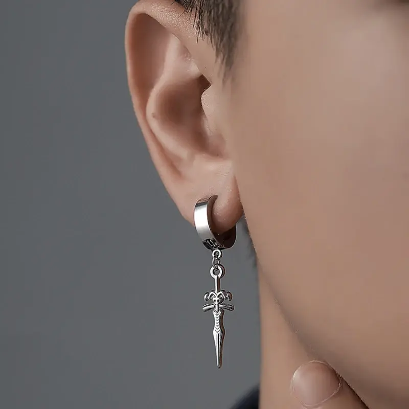 1 PC Men's Open Cuff Silver colors Black Sword Pendants Clip Earrings for Male Non-Piercing Ear Clips Fake Cartilage Earrings