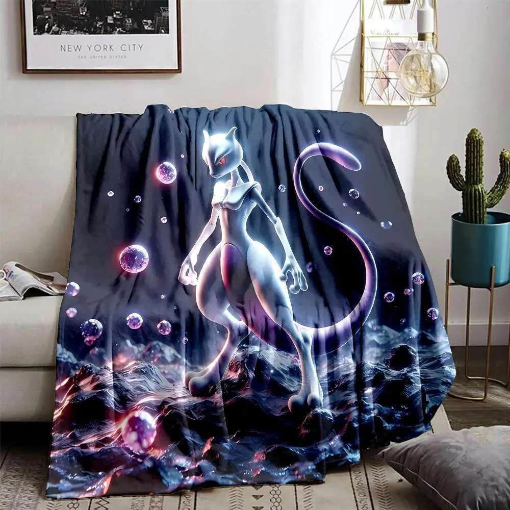 Anime Mewtwo Flannel Blanket - Soft Warm Animal Character Throw, Avatar Themed Bed Warmer, Blue Animal Plush Cover for Living Room, Office Nap Use, Animal Character Blankets, Avatar Themed Blankets