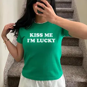 [Sale Up To 50%] Kiss Me Im Lucky Baby Tee, Funny St. Patrick's Day Shirt, Y2K Coquette Baby Tee, Ireland Shirt, St Paddys Baby Tee, Irish Graphic Tee