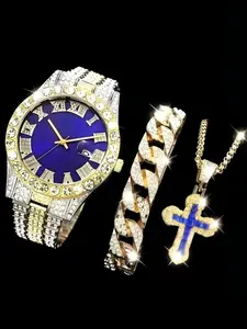 Men's Classic Stylish Quartz Watch, With Calendar, Alloy Round Dial & Case, Matching Cross Pendant Necklace and Chain Bracelet Exquisite Watch Set, Battery Operated, Suitable for Men, Perfect Gift Choice
