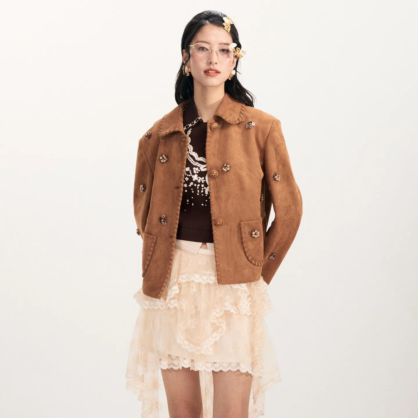 FAME Brown Three-Dimensional Flower Beaded Suede Jacket Top - KENNY.