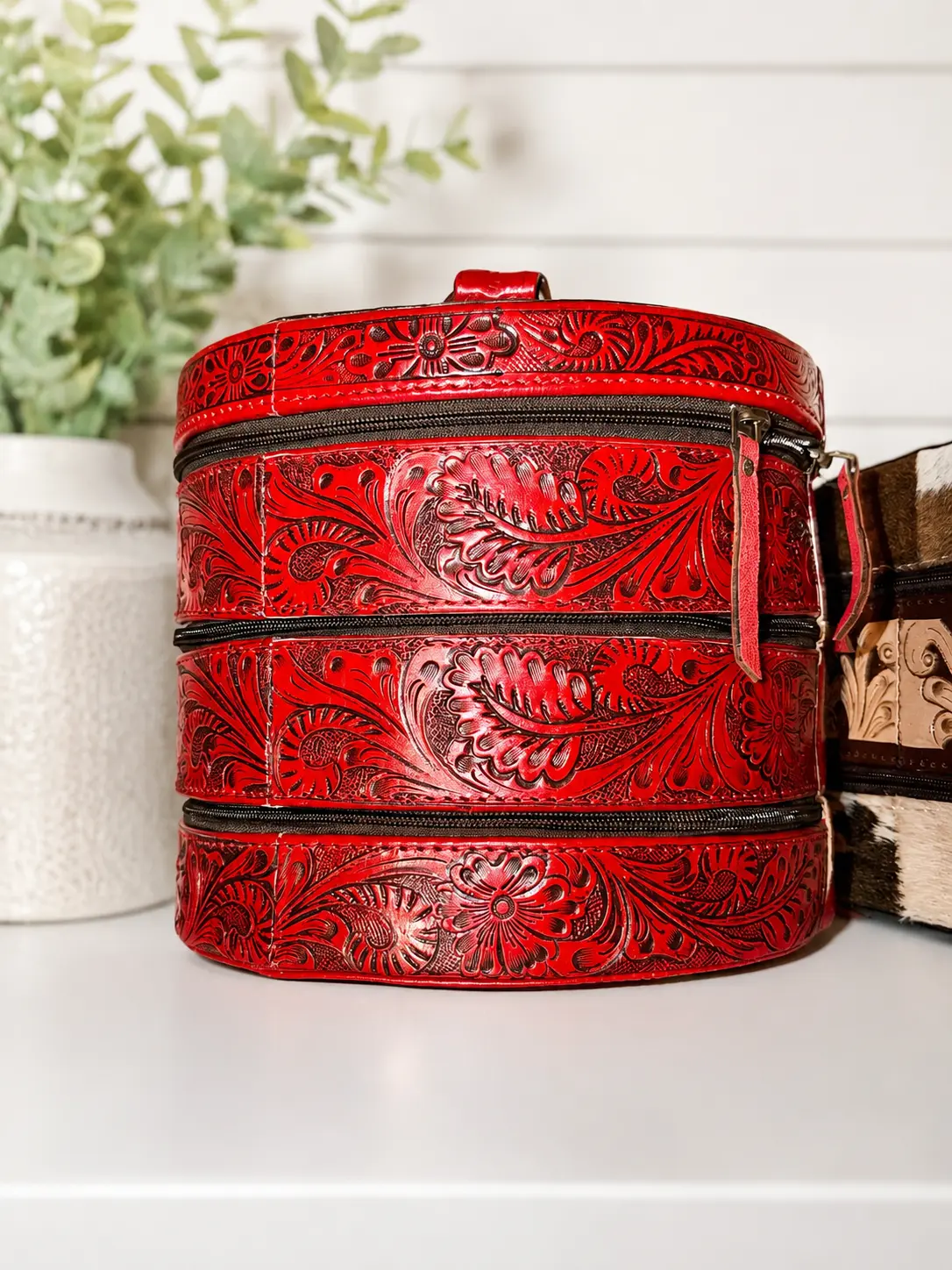 Red triple decker jewlery box with top handle!